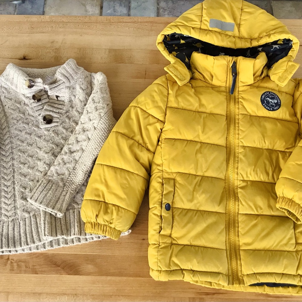 Boys 4T yellow winter jacket / coat H&M and cable knit oatmeal sweater Cat&Jack